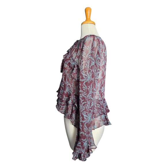 Olivaceous Maroon Fairy Grunge Floral Ruffled Bell Sleeve Blouse Women's M - Picture 5 of 10